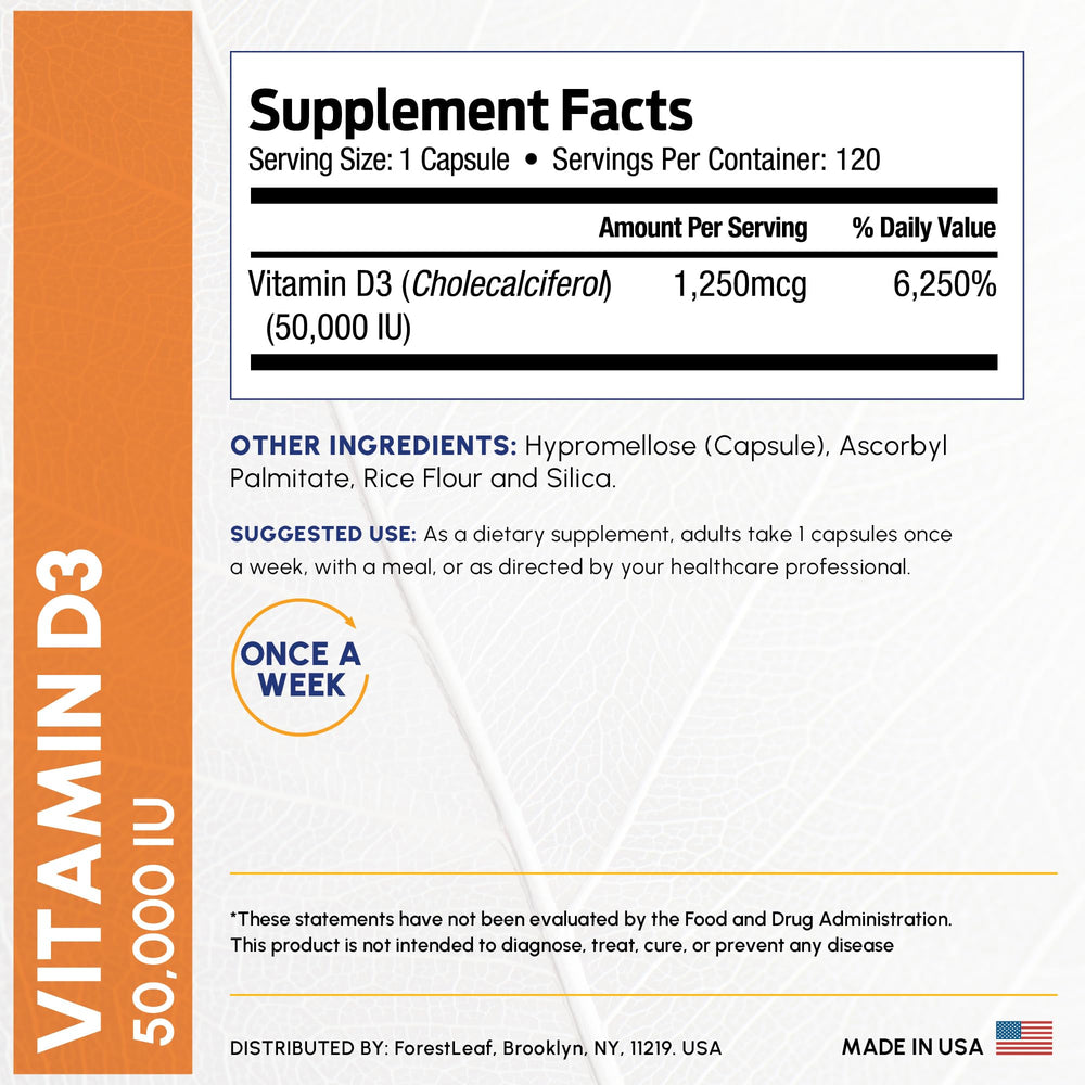 ForestLeaf Vitamin D3 50,000 IU manufactured in the USA for quality assurance.