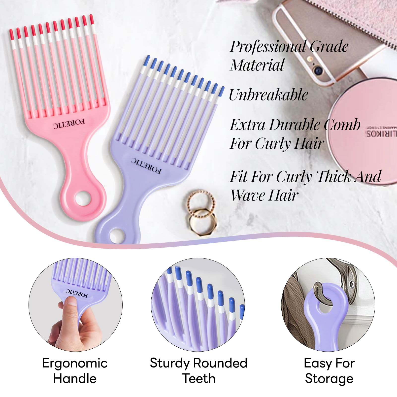 Foretic Smooth Hair Pick in use on curly hair for gentle detangling.