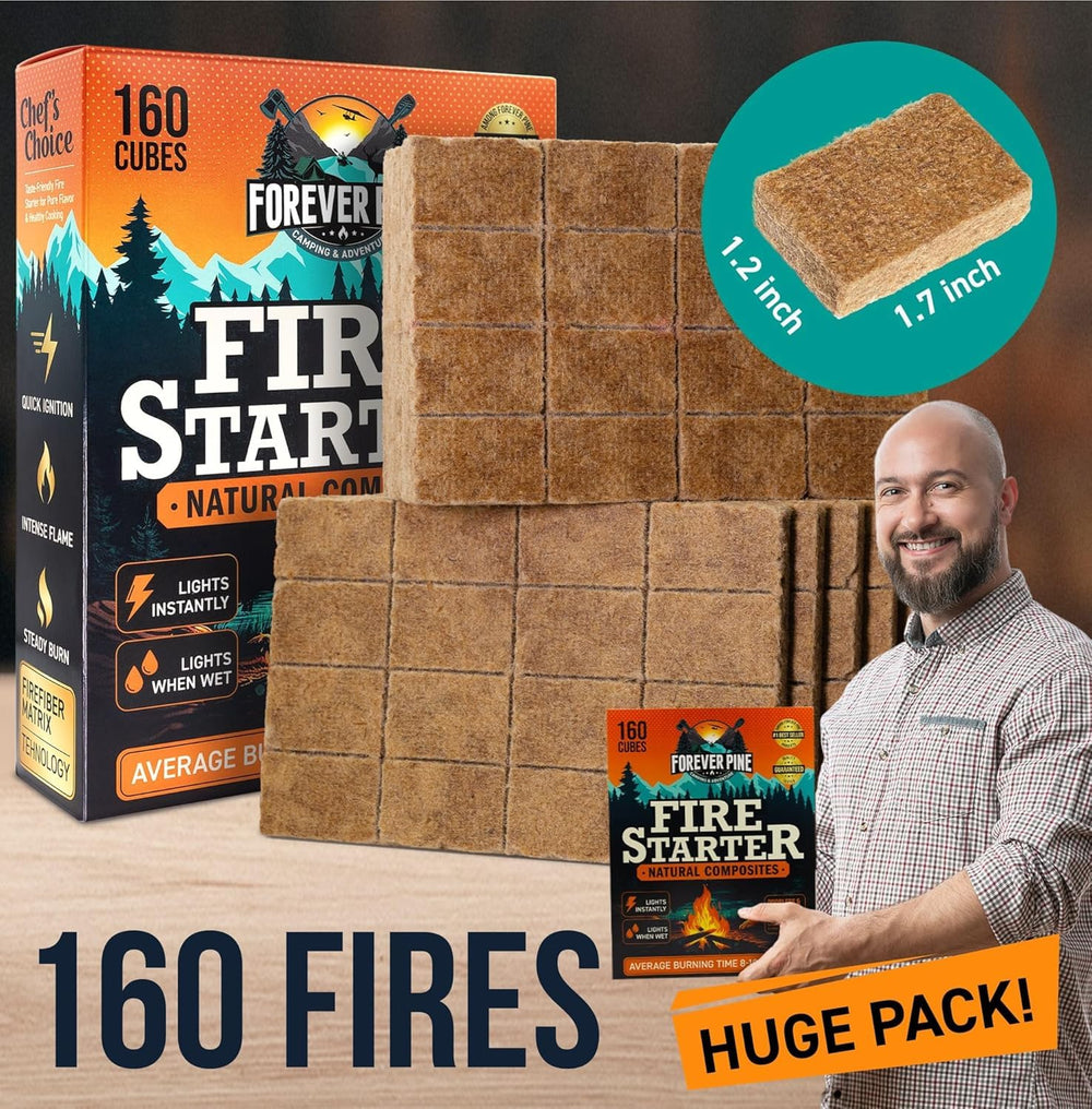 FOREVER PINE Fire Starter Cubes ignite reliably in wet or windy conditions, ideal for outdoor fires.