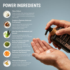 Forge Skin Beef Tallow Face Wash ingredients highlighting aloe vera and glycerin for balance.