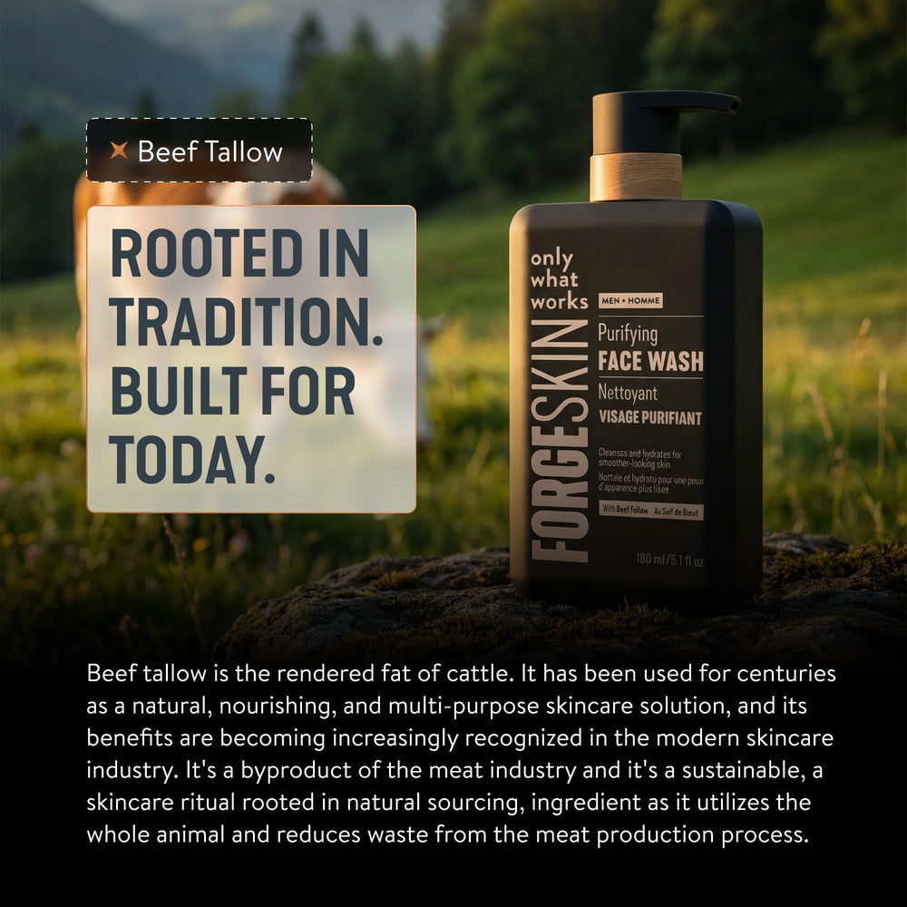 Forge Skin Beef Tallow Face Wash close-up with aloe vera and glycerin hydration.