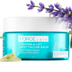Forge Skin Tighten & Lift Balm bottle glows, signaling firming care for neck and face.