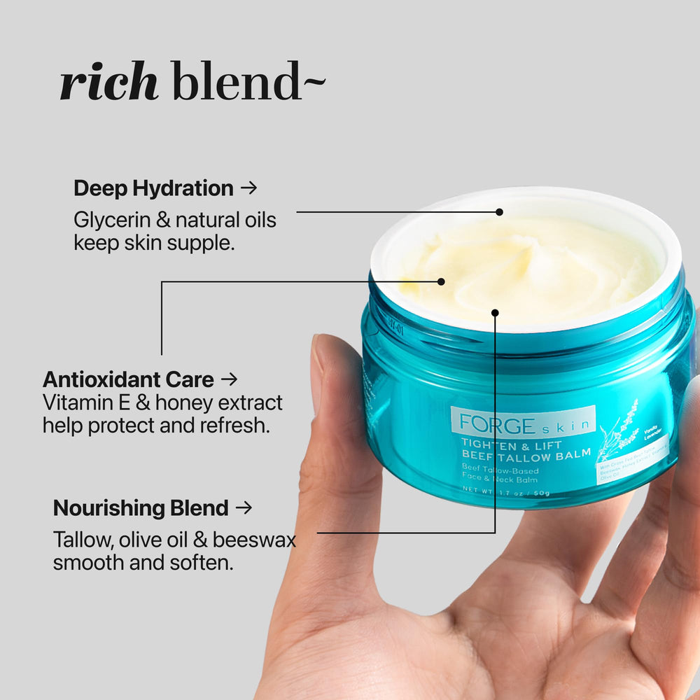Close-up of Forge Skin Tighten & Lift Balm jar with honey infusion for deep hydration.