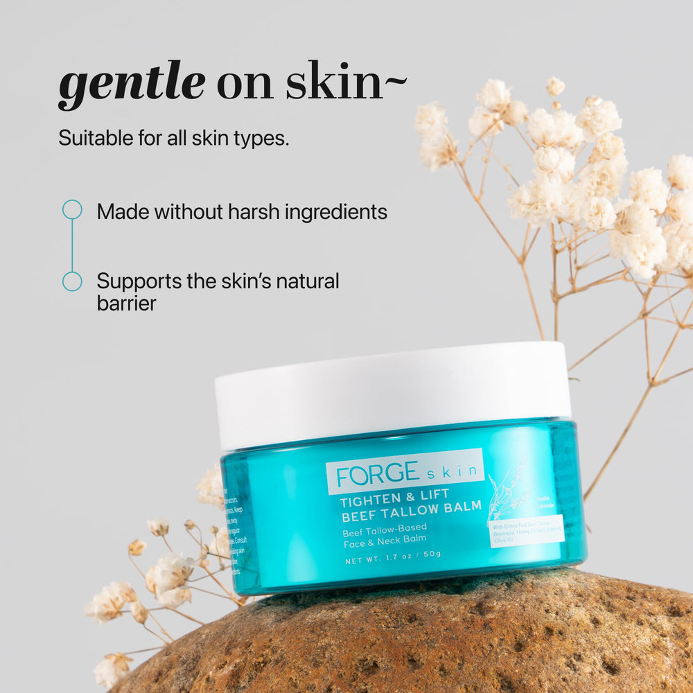 Evening routine shot featuring Forge Skin Tighten & Lift Balm for overnight renewal.
