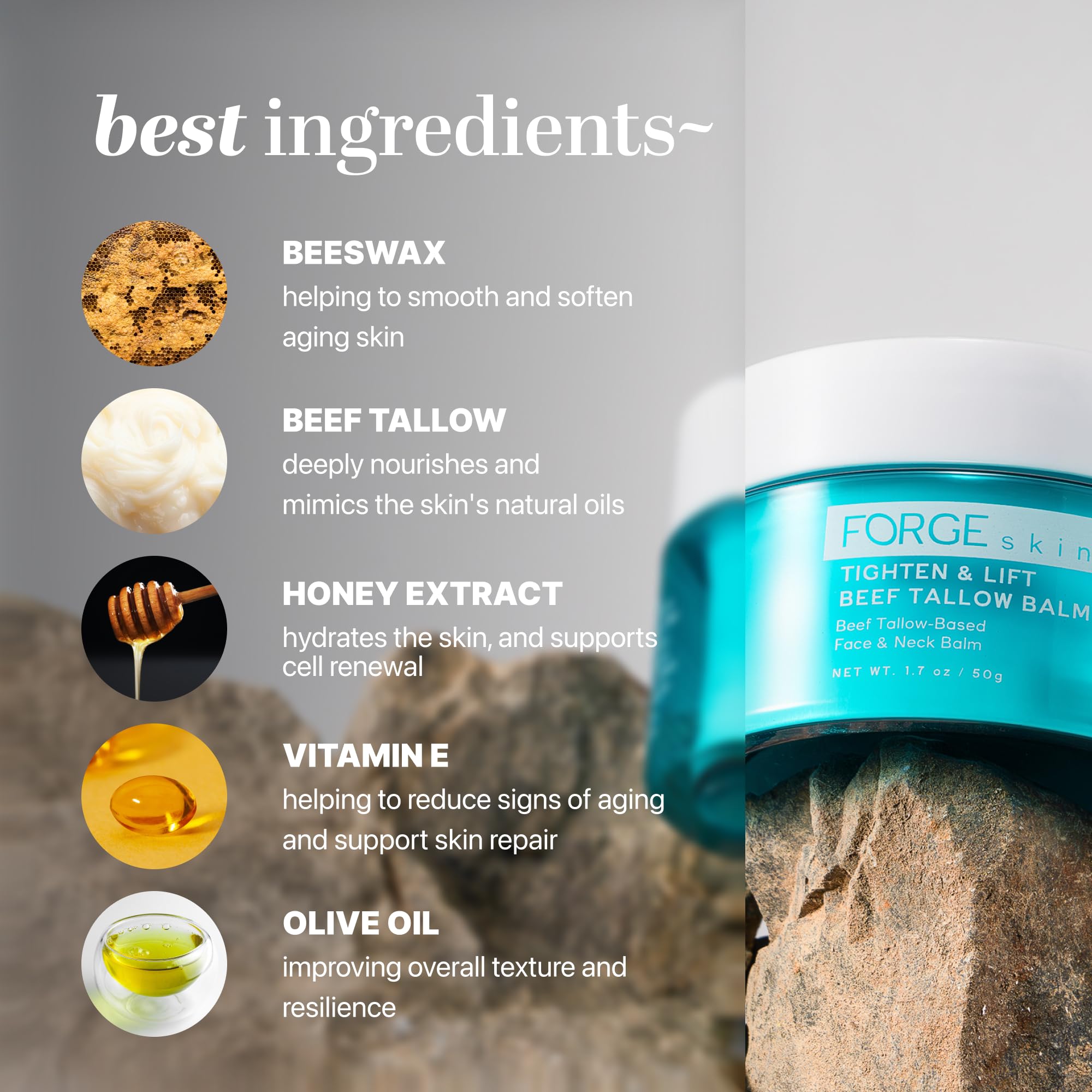 Creamy texture swatch of Forge Skin Tighten & Lift Balm on skin for smoothing.
