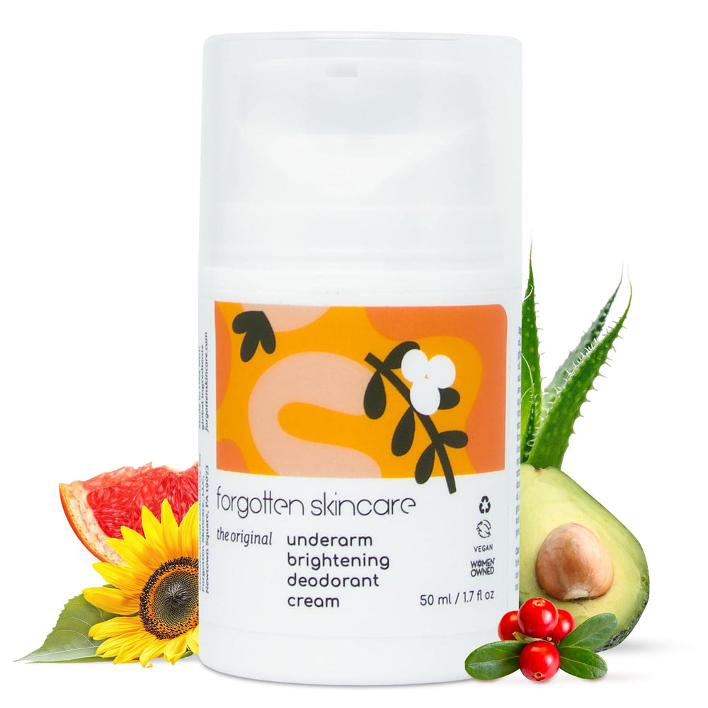 Forgotten Skincare Original underarm brightening cream bottle shows gentle lightening for darker underarms.