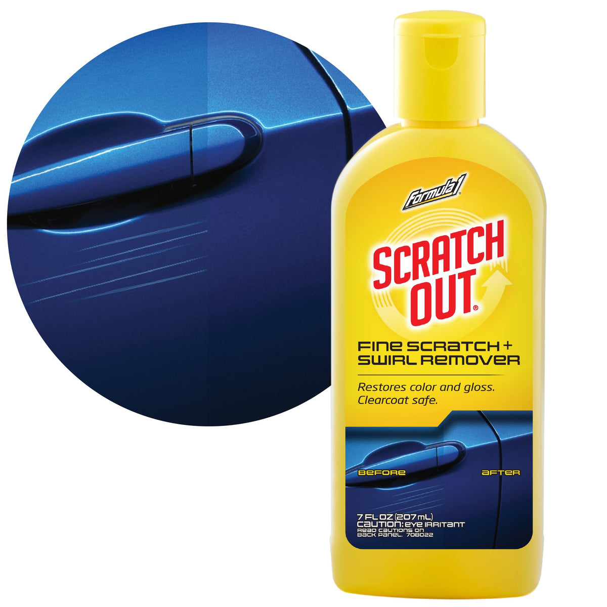 Formula 1 Scratch Out Liquid bottle for quick, at-home scratch removal on clear coats.