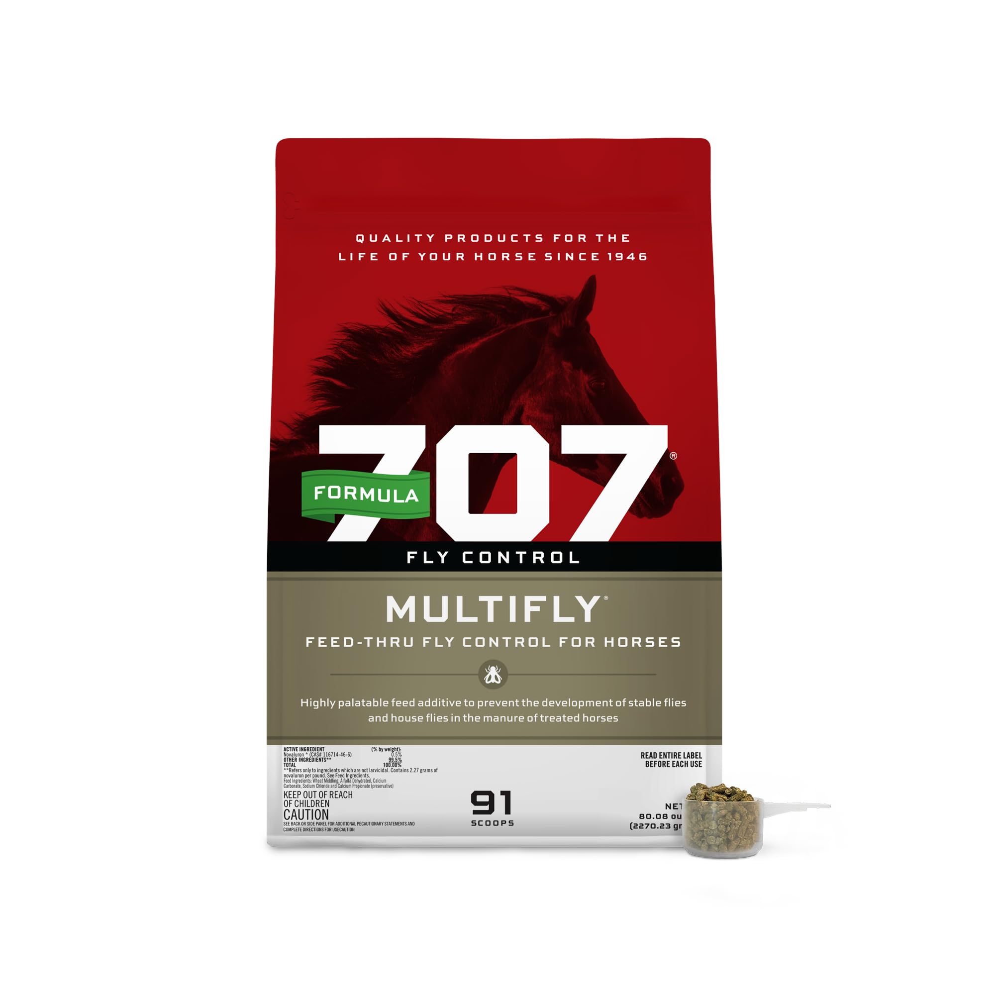 Formula 707 MultiFly bag front with palatable pellets for fly control in stables.