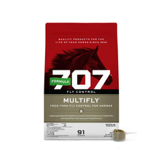Formula 707 MultiFly bag front with palatable pellets for fly control in stables.