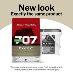 Formula 707 MultiFly pellets closeup highlighting alfalfa and wheat midds base.