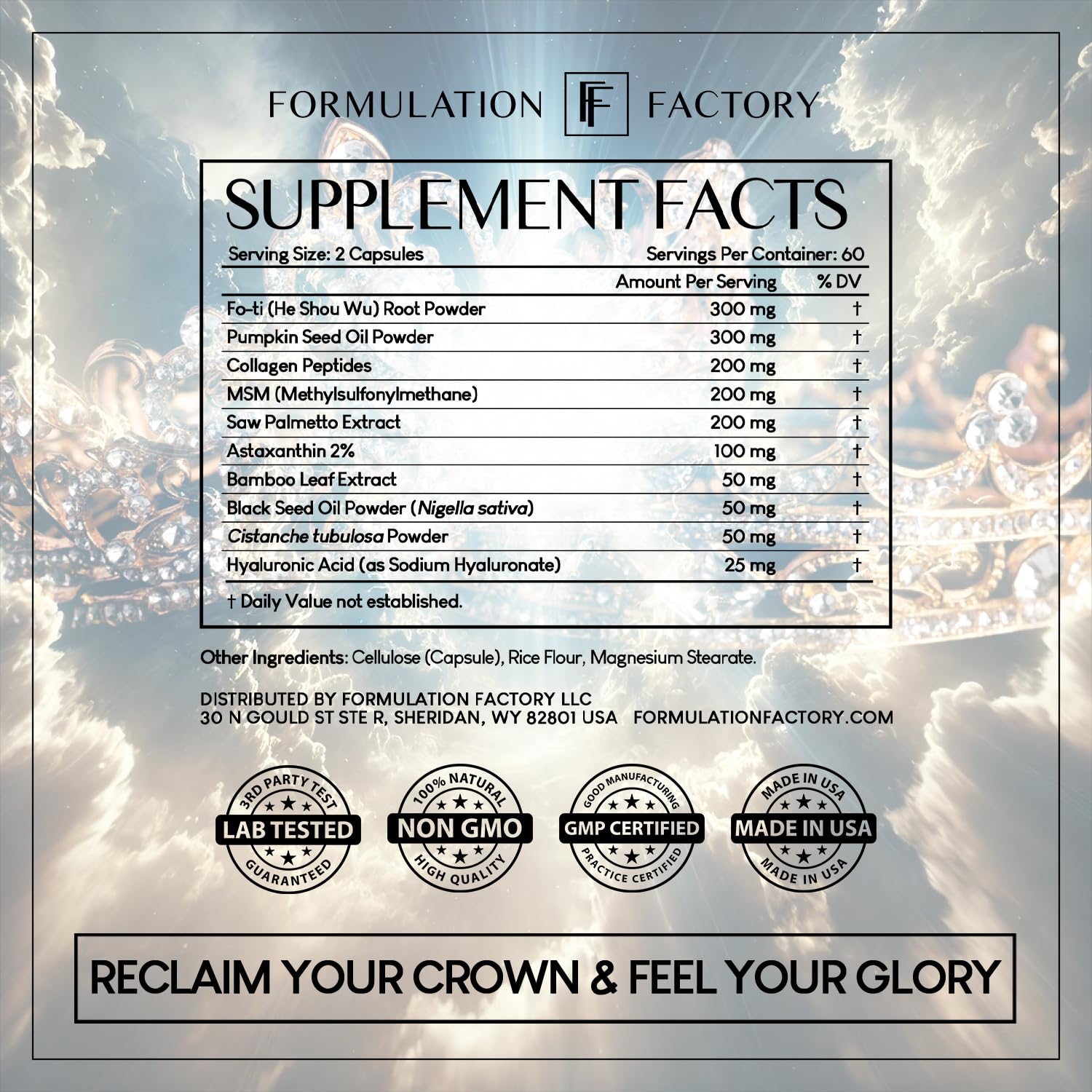 Formulation Factory Crown Glory saw palmetto extract for daily hair care.