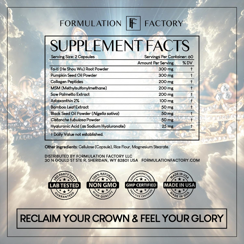 Formulation Factory Crown Glory saw palmetto extract for daily hair care.