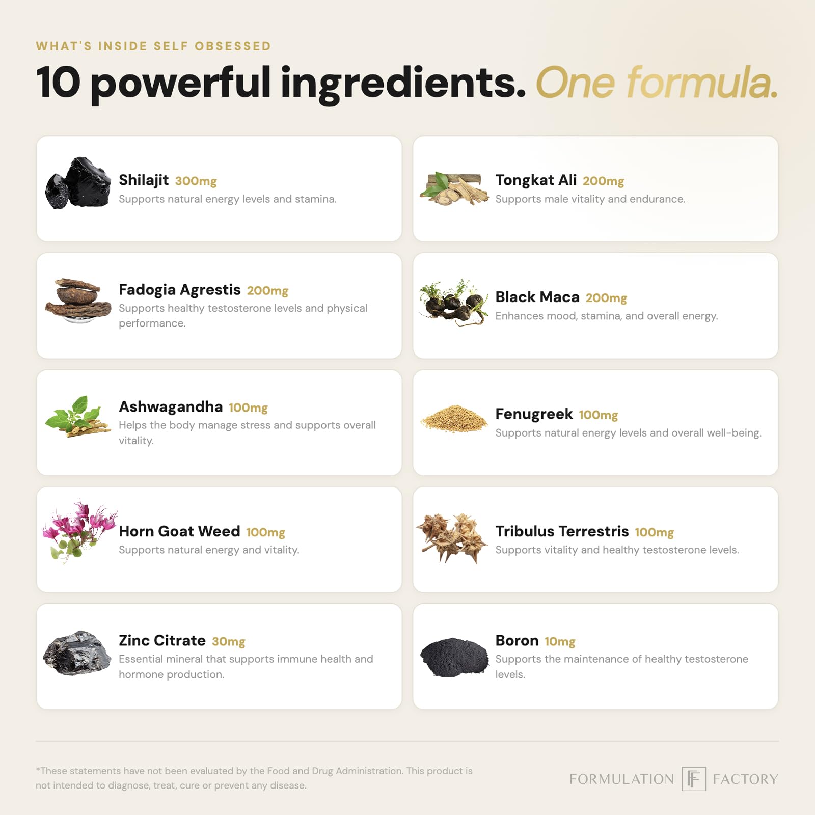 Formulation Factory Self Obsessed label highlights shilajit and ashwagandha