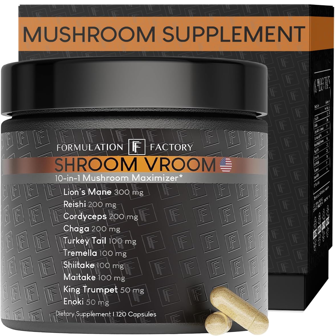 Formulation Factory Shroom Vroom bottle front shows premium daily-use packaging for steady energy.