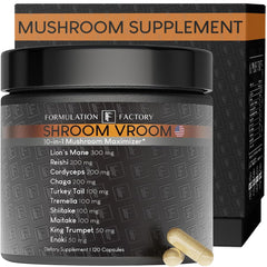 Formulation Factory Shroom Vroom bottle front shows premium daily-use packaging for steady energy.
