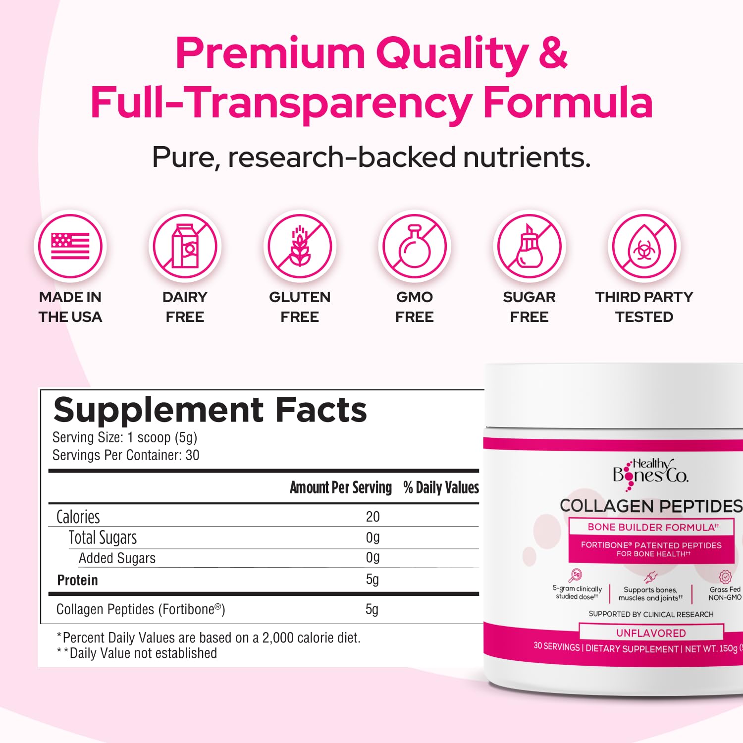 Fortibone gluten-free and dairy-free label highlights clean ingredients