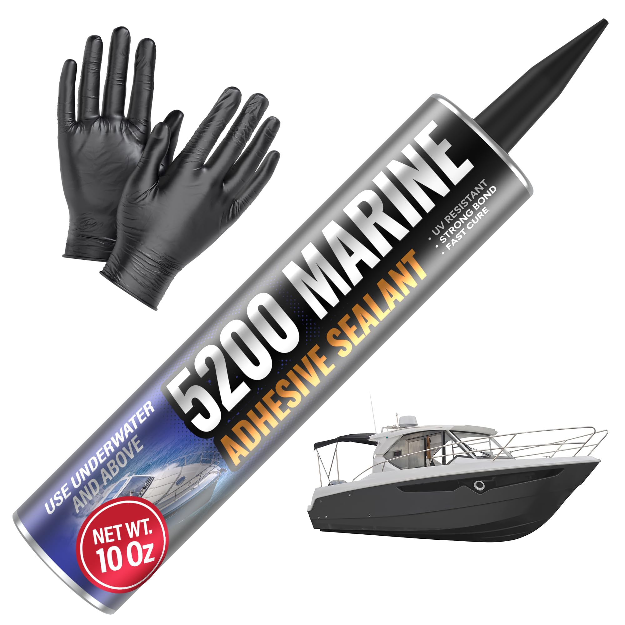 FORTIVO 5200 marine sealant white tube close-up with ready-to-use nozzle.