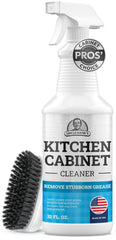 FORTIVO kitchen cabinet cleaner bottle showing grease removal on wood surfaces.