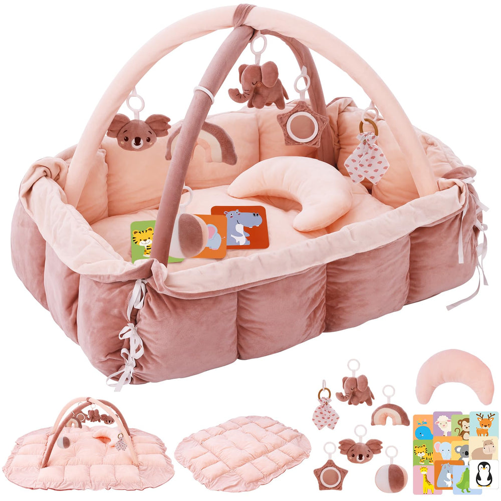Foryoomi 5-in-1 play gym pink supports versatile tummy time and play