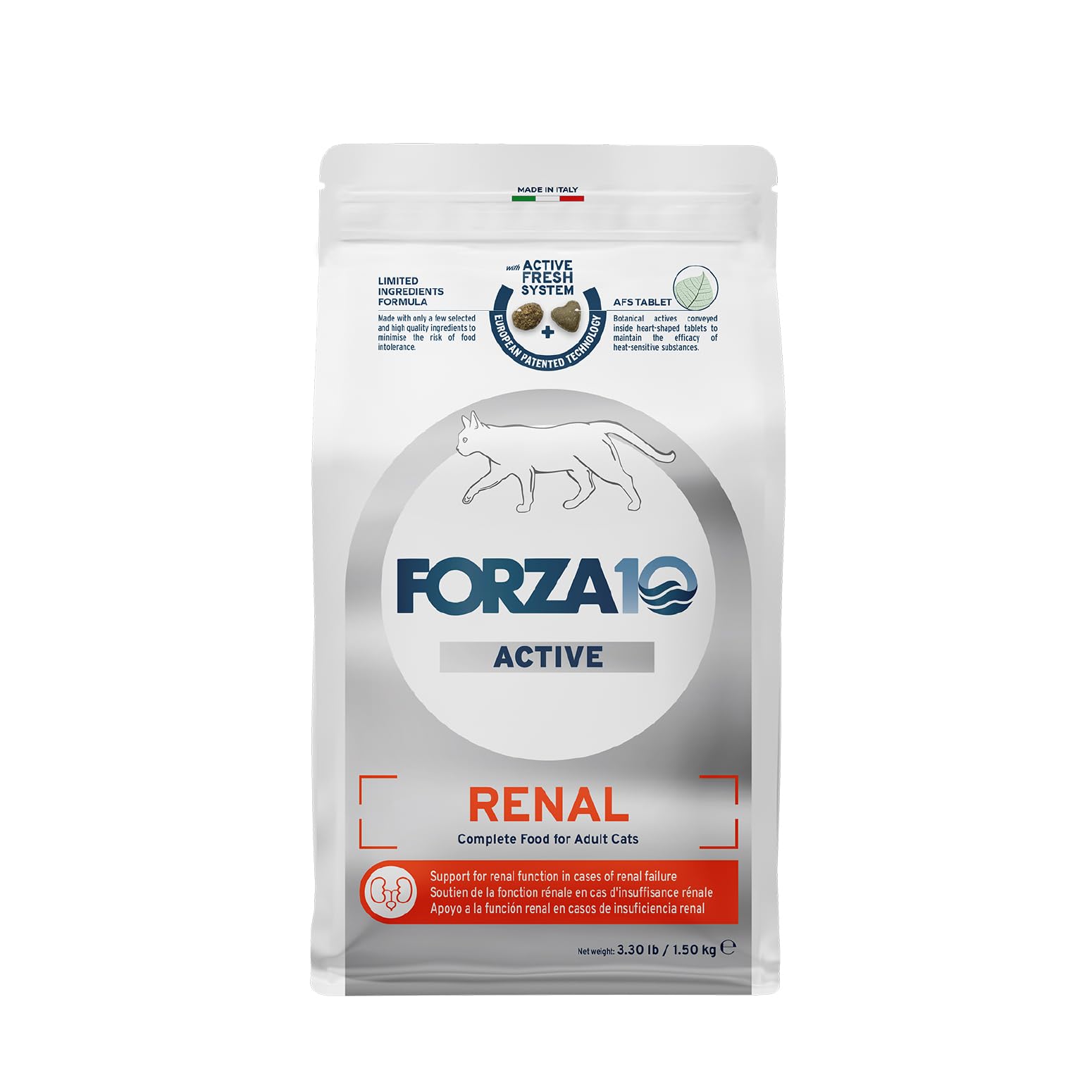Forza10 kidney-support cat food bag highlights a complete, tasty option for adult cats.