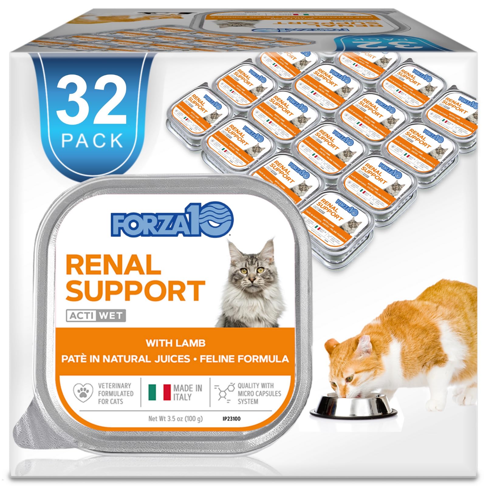 Forza10 renal wet cat food with lamb flavor in a 32-pack for daily meals.