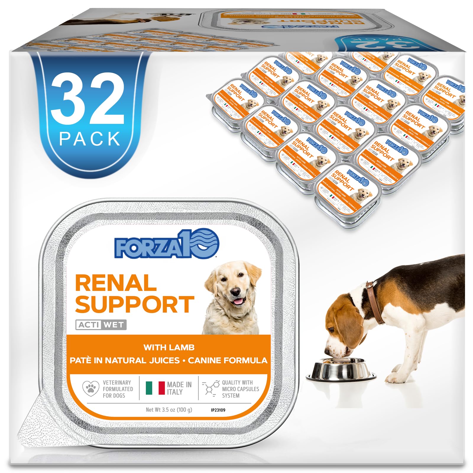 Forza10 kidney-support lamb wet dog food cans in a 32-pack for daily meals.
