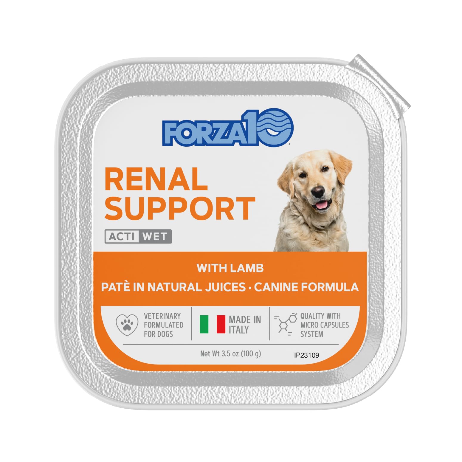 Forza10 lamb-flavor wet dog food close-up showing non-GMO formula.