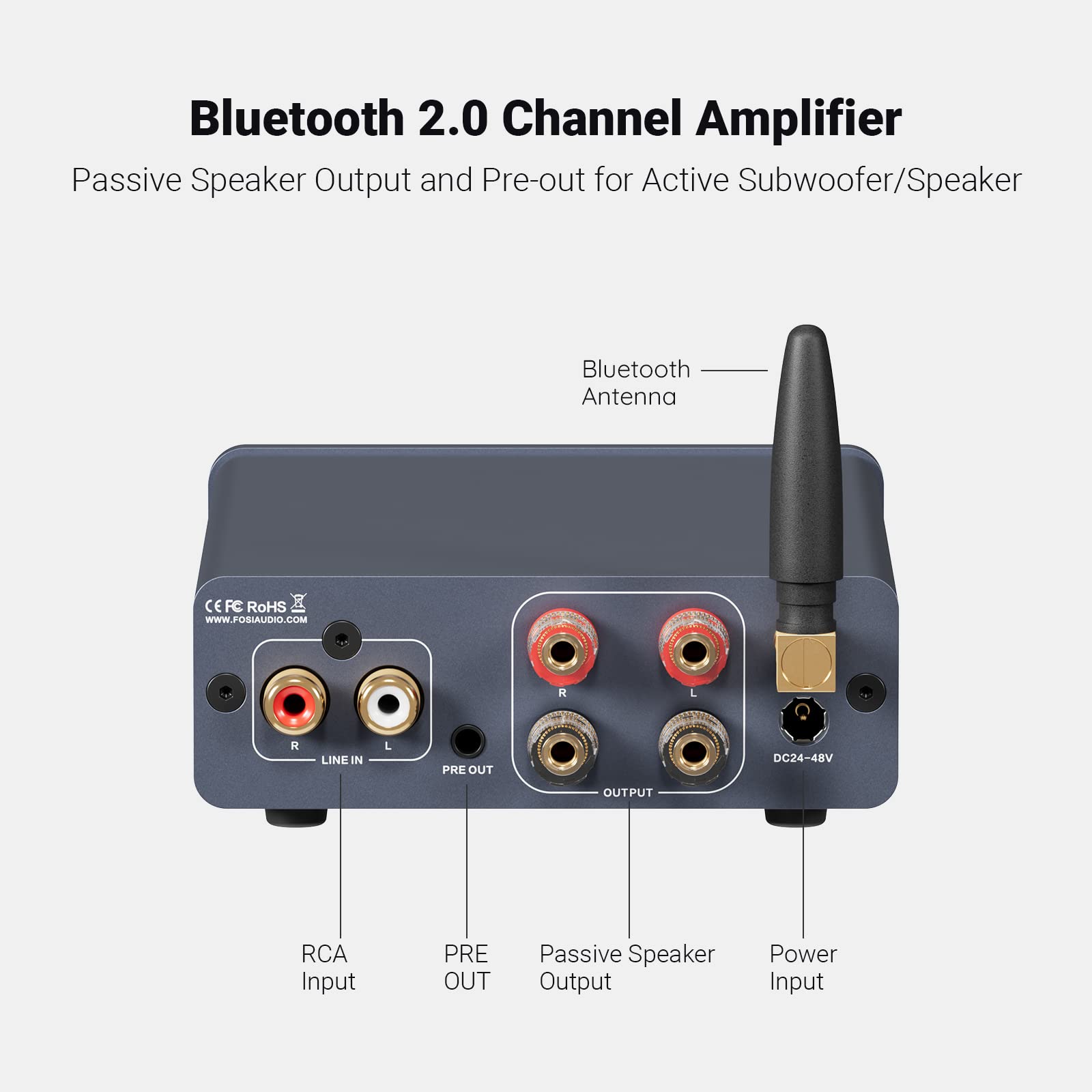 Fosi Audio BT20A Pro side ports facilitate clean cabling for outdoor or indoor setups.