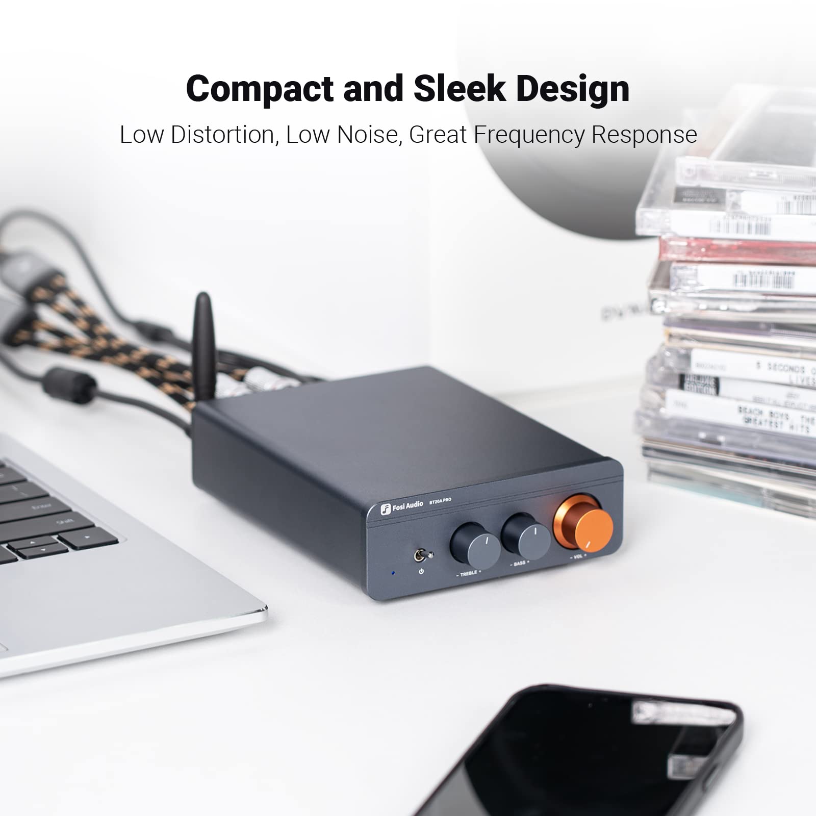 Fosi Audio BT20A Pro top view highlights compact, heat-dissipating design.
