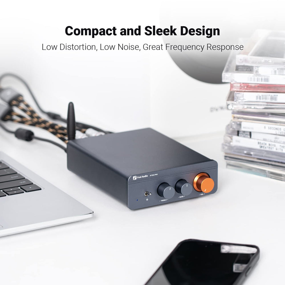 Fosi Audio BT20A Pro top view highlights compact, heat-dissipating design.