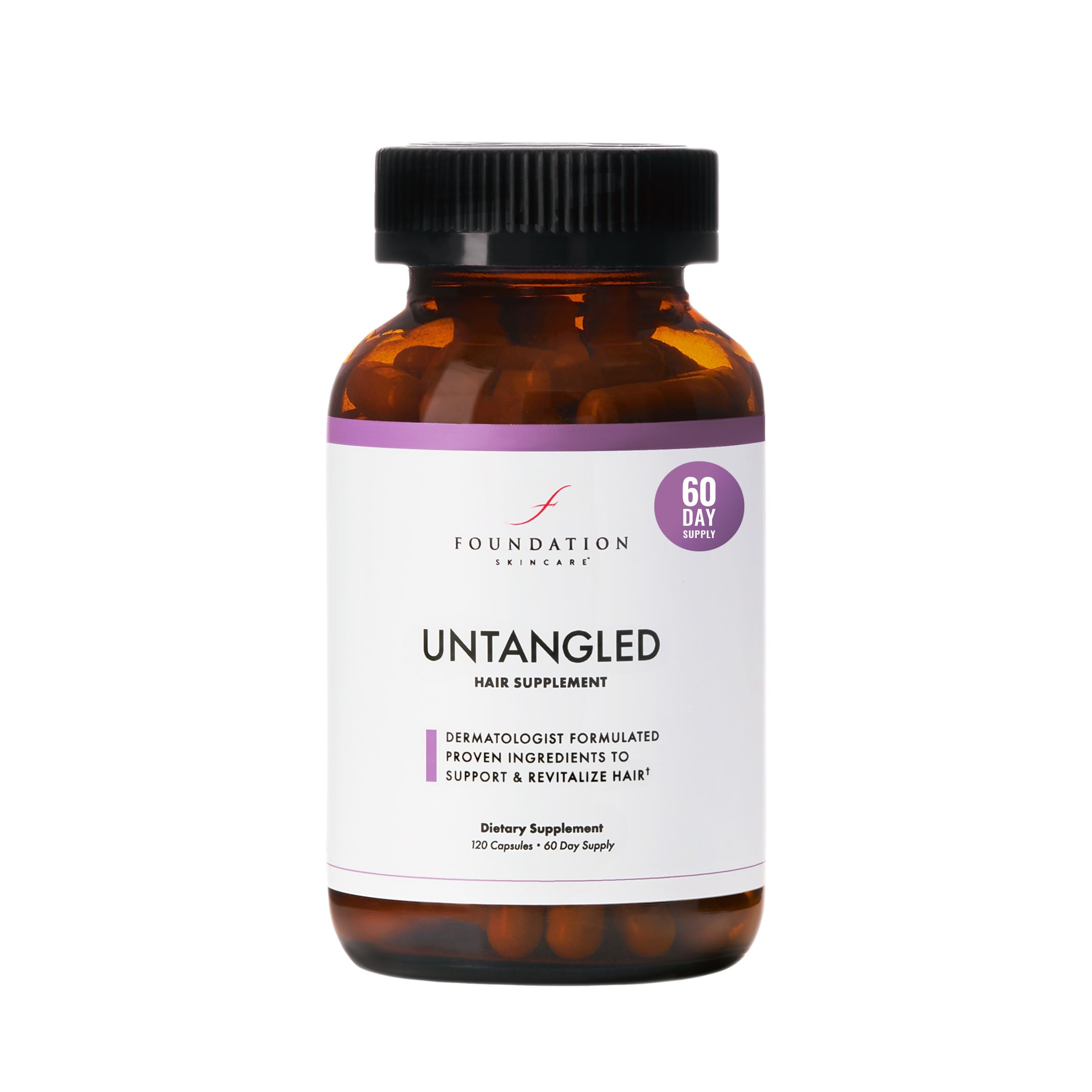 Foundation Skincare UnTangled Hair Vitamins bottle on a vanity suggesting hair growth support