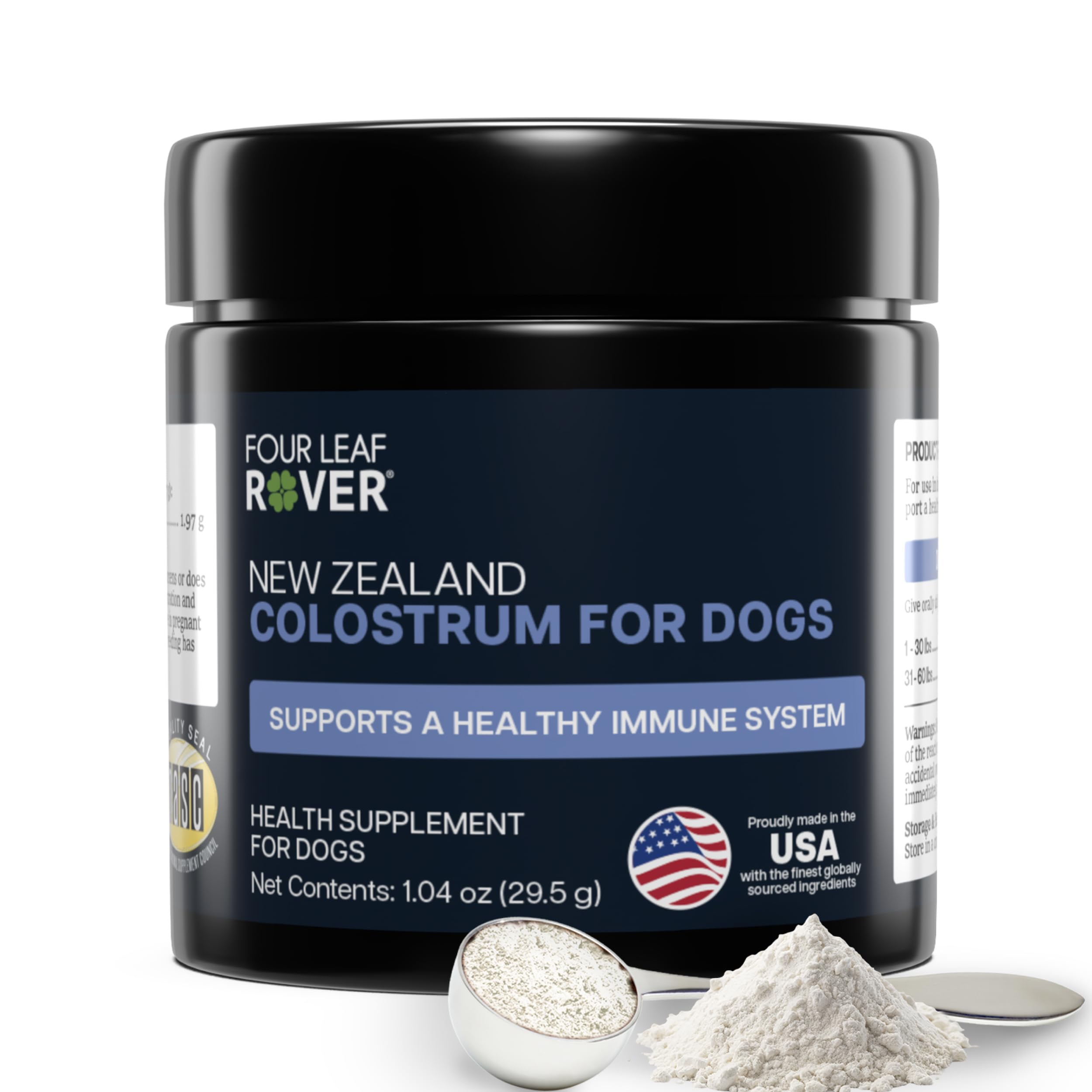 Four Leaf Rover Colostrum for Dogs bottle front showing product purpose and gut support