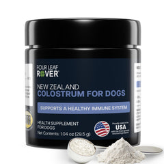 Four Leaf Rover Colostrum for Dogs bottle front showing product purpose and gut support