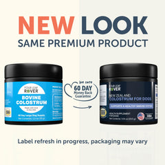 Four Leaf Rover Colostrum for Dogs label close-up highlighting origin and quality