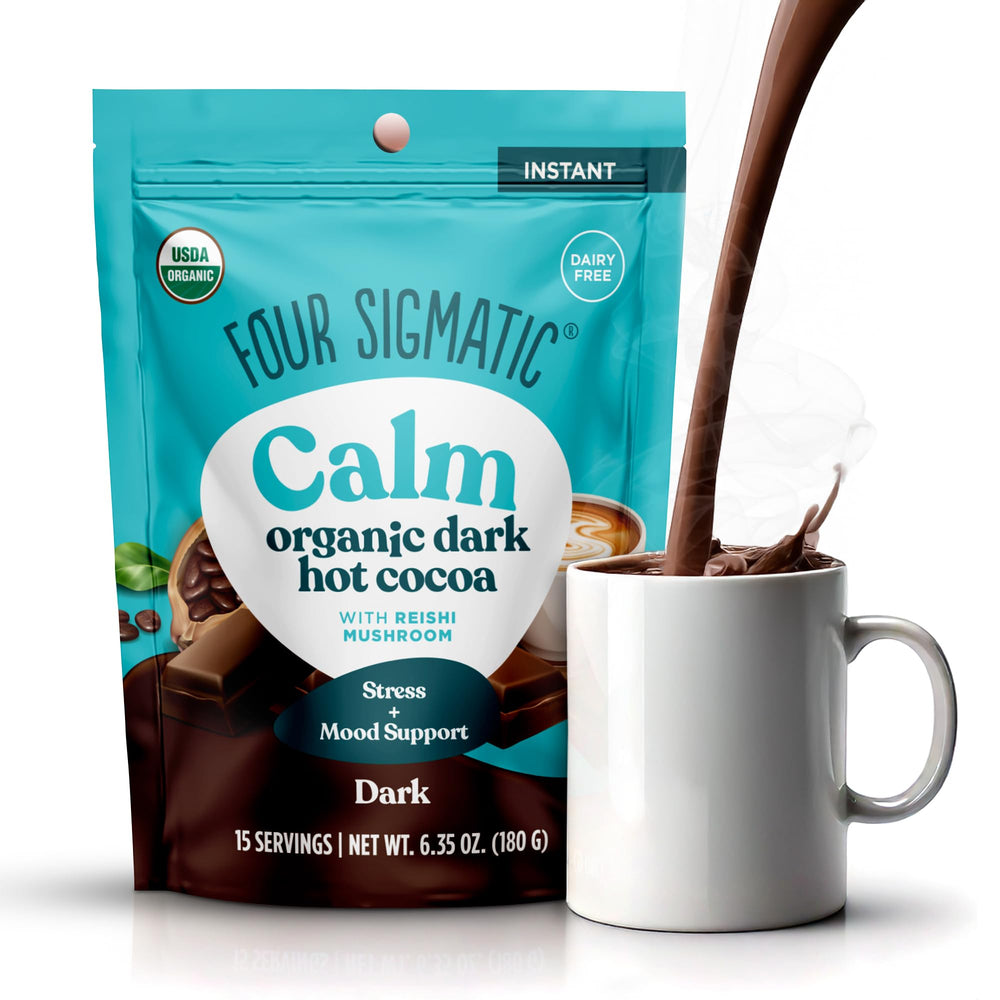 Four Sigmatic Calm Mushroom Cocoa Mix packshot highlights organic ingredients for a comforting ritual