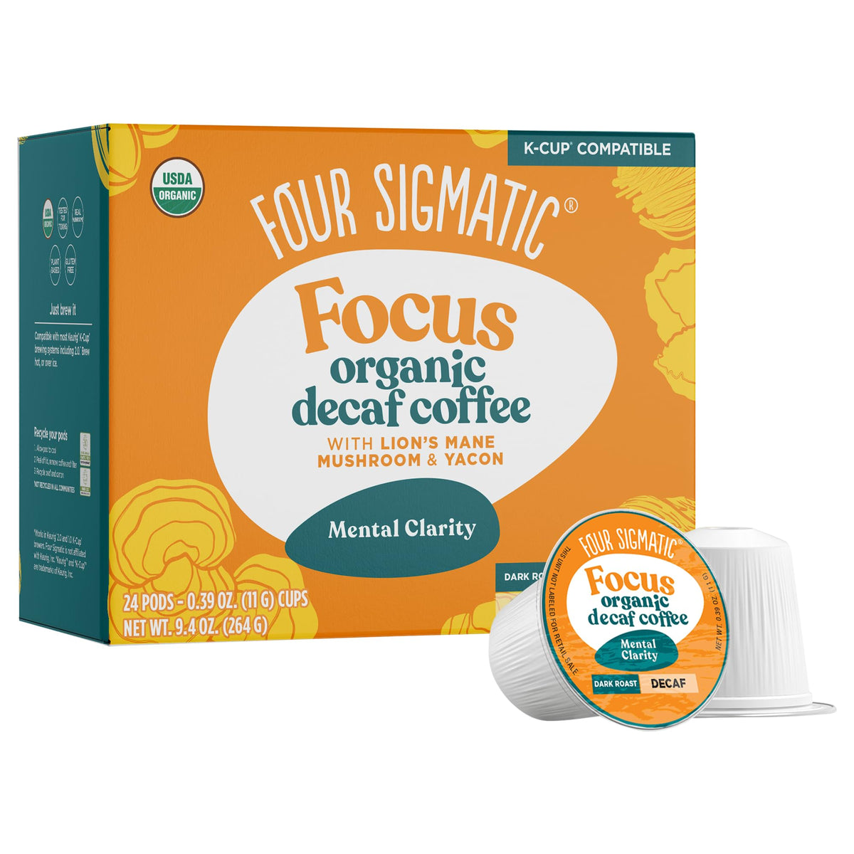Four Sigmatic decaf mushroom coffee K-Cups with rich pour for calm focus