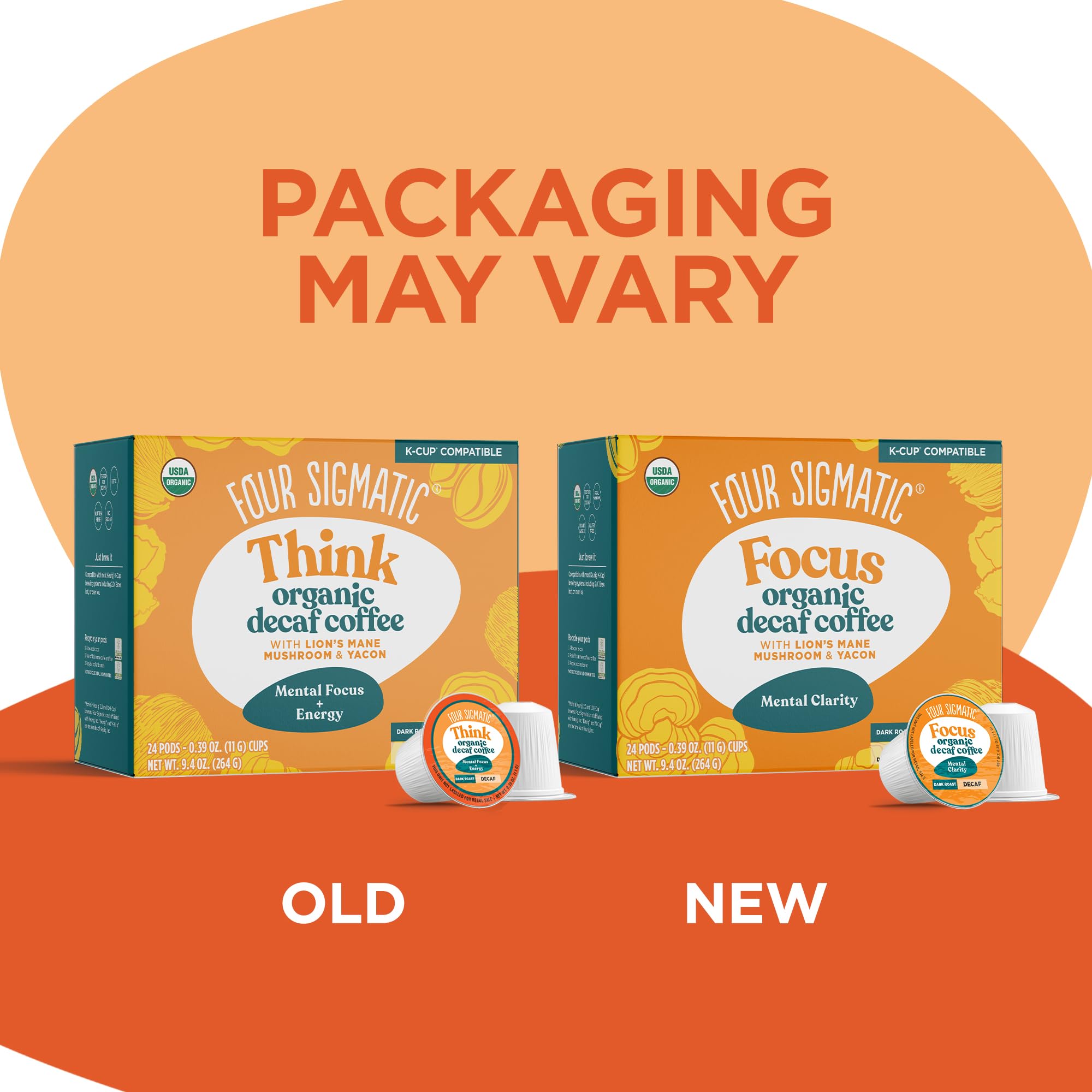Four Sigmatic sustainable pods with eco-friendly packaging on kitchen counter