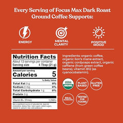 Steaming cup of Four Sigmatic Focus Max coffee signaling quick energy boost for work