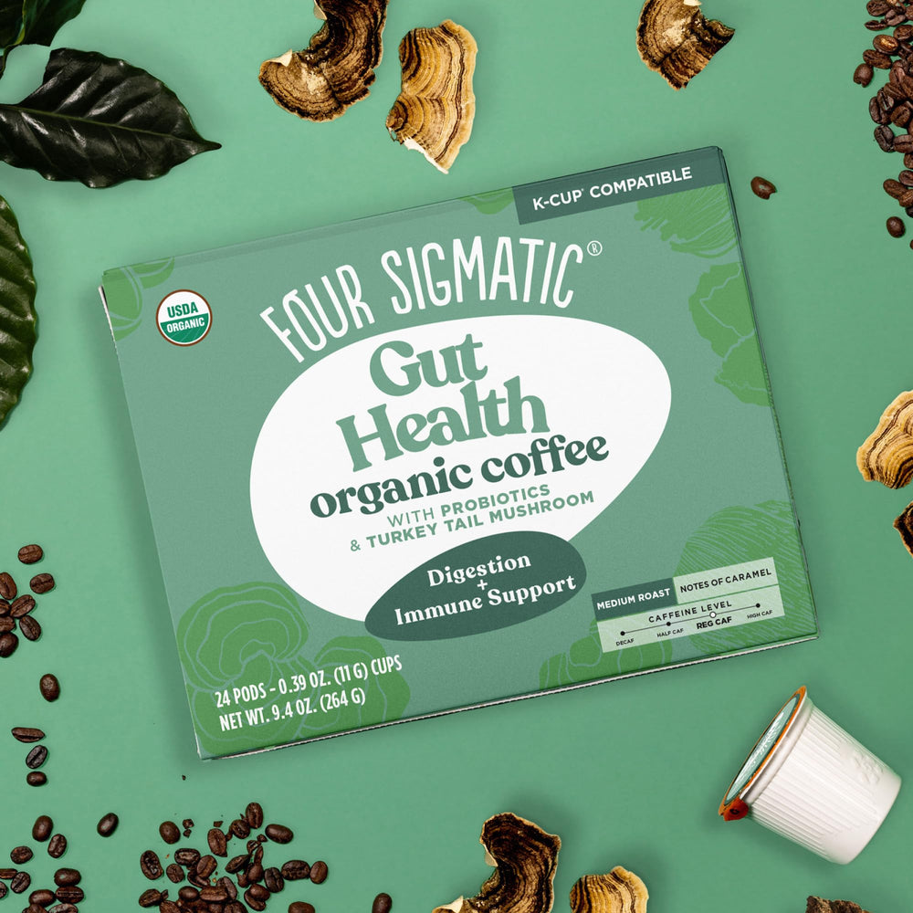 Four Sigmatic gut health 24-count box displayed for regular probiotic coffee