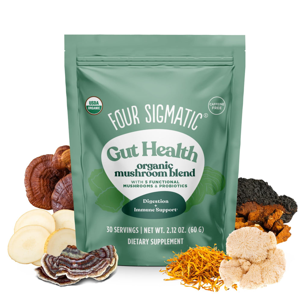 Four Sigmatic Gut Health bottle pour shows the immune-supporting mushroom blend in a glass.