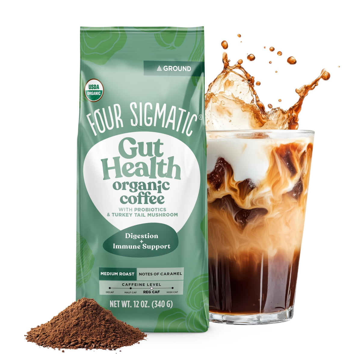 Four Sigmatic Gut Health Coffee bag front shows probiotic blend for balanced mornings.