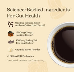 Four Sigmatic Gut Health Coffee with chaga and turkey tail for antioxidant-rich sip.