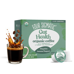 Four Sigmatic gut health coffee pods packaging highlights medium roast for daily routine