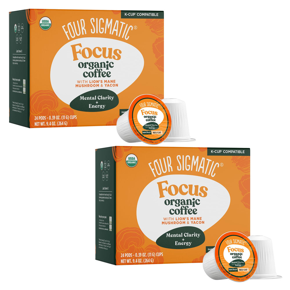 Four Sigmatic mushroom coffee K-Cups in dark roast ready for brewing.