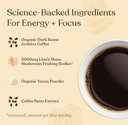 Four Sigmatic Organic High Caffeine Lion's Mane Ground Coffee golden roast label signals ethical sourcing.