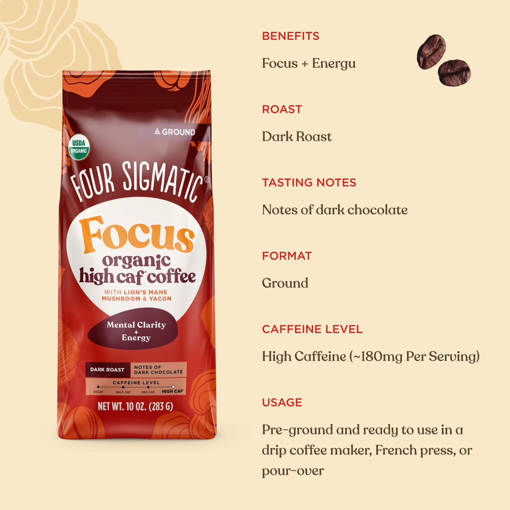 Four Sigmatic Organic High Caffeine Lion's Mane Ground Coffee morning scene suggests daily ritual.