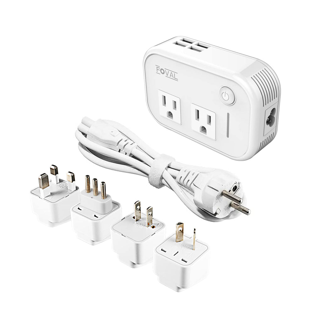 FOVAL power step-down travel converter in white close-up showing global compatibility