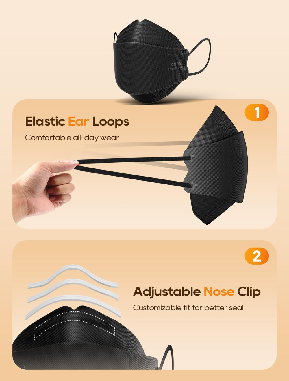 FOXFUN KN95 ear-loops closeup, soft, wide loops ease pressure during wear.