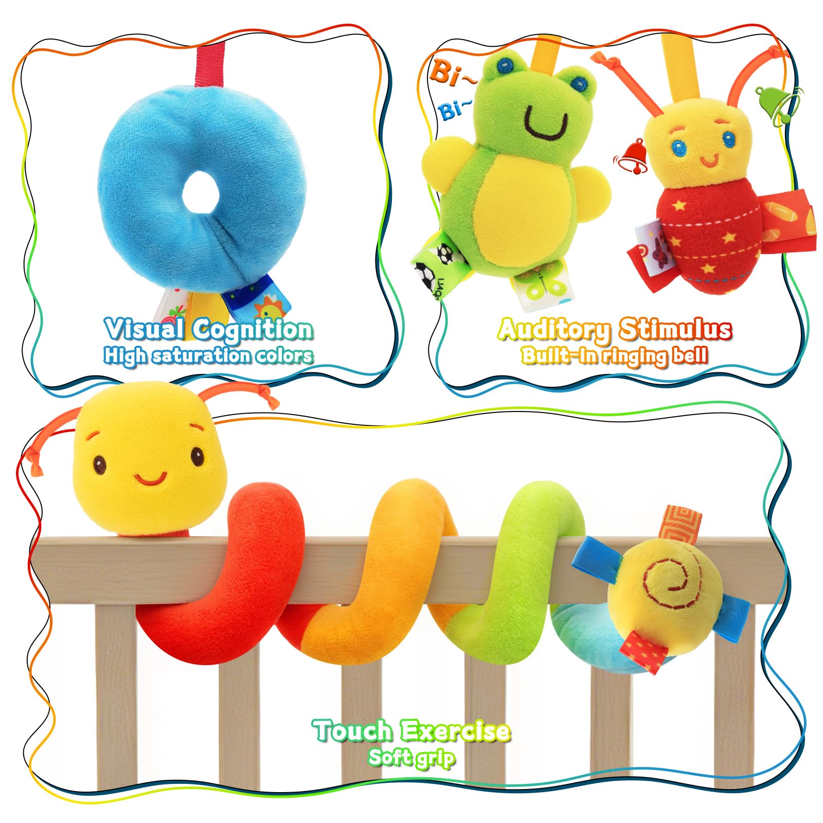 FPVERA spiral toy attachment on stroller bar for on-the-go soothing