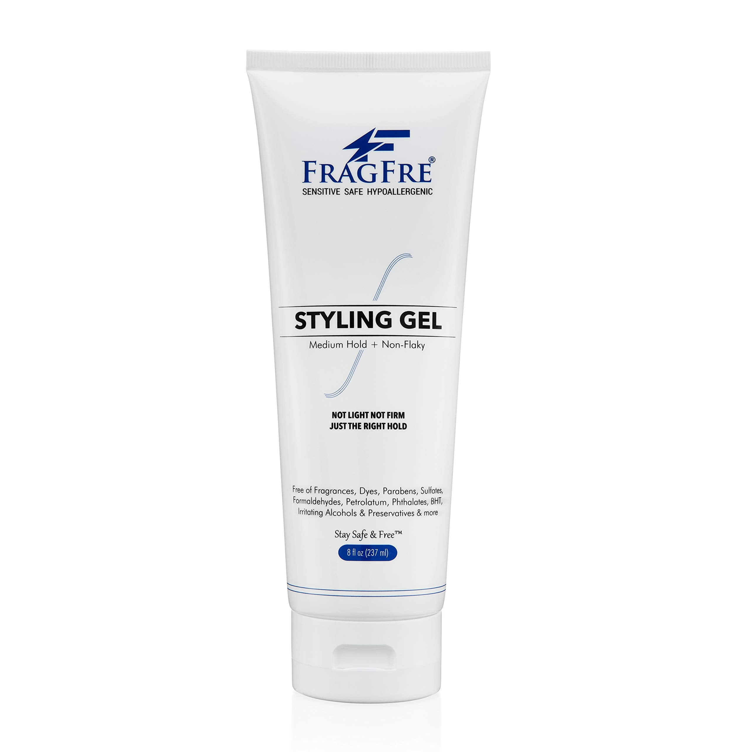 FRAGFRE fragrance-free styling gel bottle showing fragrance-free hold for all hair types